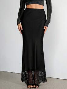 SHEIN Tall Solid Satin Lace Hem Detail Low Rise Midi Skirt