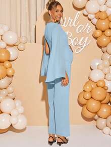 Loomaby 孕妇纯色斗篷袖V领优雅阔腿连体裤 - 藍色 - 查看 2