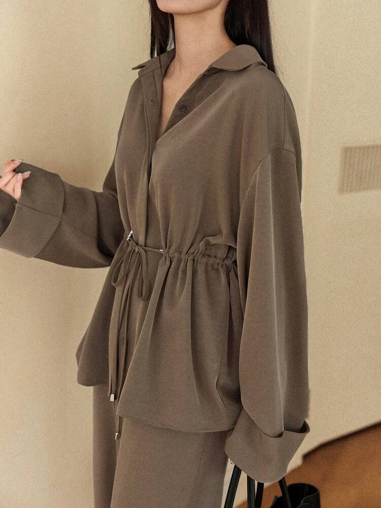 3pcs/Set Women's Loose Business Casual Elegant Hollow Out Twist Knot Sleeveless Long Cardigan And Straight Leg Pants Suit, Suitable For Autumn, Spring, New Year, Christmas