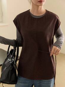 Dazy-Less Brown Sleeveless Pullover Vest, Casual & Fashionable Shirt For Women, Autumn/Winter Business Casual Woman - Brown - View 4