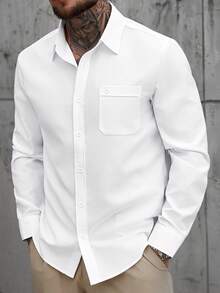 Manfinity CasualCool 男士纯色抗皱单口袋休闲商务长袖衬衫，秋季款 - 白色 - 查看 6