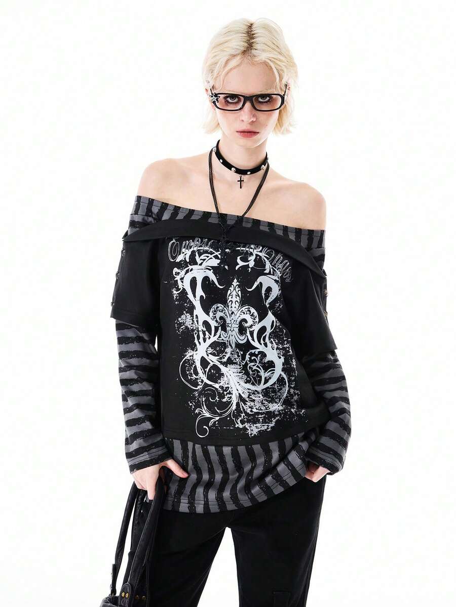 Bloopia Women's Knitted Long Sleeve Striped Patchwork Off Shoulder Sweatshirt, Fashionable And Versatile - Black - View 1