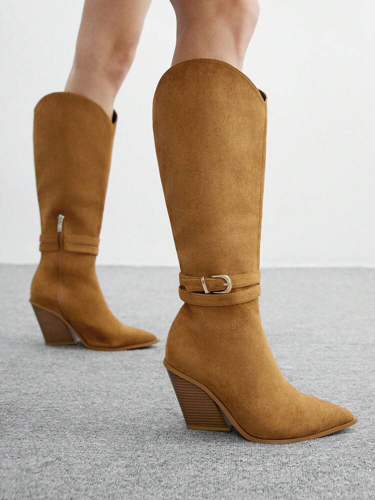 CUCCOO BIZCHIC Women's New Mid-Calf Boots, Western Style Boots, Brown, Minimalist Design, Versatile, Chunky Heel, Comfortable & Fashionable For Christmas
