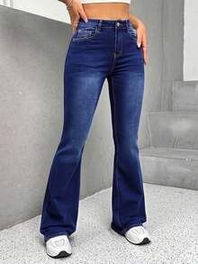 Pantalones vaqueros de mujer con bolsillo delantero y abotonado, estilo casual sencillo, campana para uso diario, Jeans acampanados elásticos, ajustados y versátiles para mujer - Azul - Ver 1