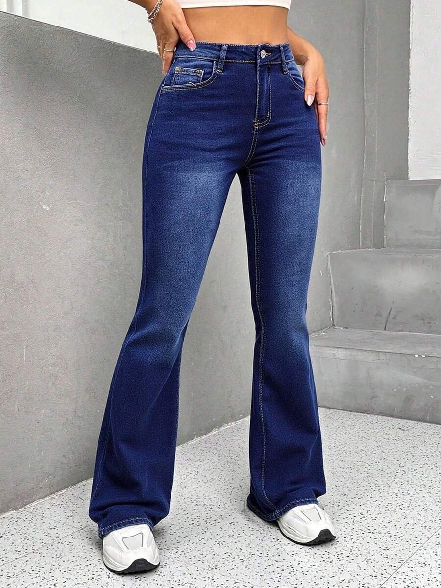 Pantalones vaqueros de mujer con bolsillo delantero y abotonado, estilo casual sencillo, campana para uso diario, Jeans acampanados elásticos, ajustados y versátiles para mujer - Azul - Ver 1
