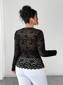 Elenzga Plus Size Lace Trim Heart Button Fitted Blouse Black Lace Shirt Black See Through Top Lace Long Sleeve Top Lace Shirts Lace Top Long Sleeve Lace Tops For Women - Black - View 2
