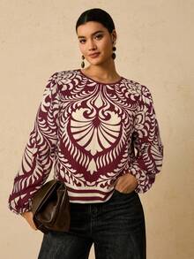 Travachic 大码女式印花宽松长袖衬衫，休闲秋季图案上衣 - 酒紅色 - 查看 4