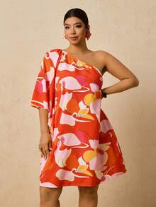 Travachic 夏季大码休闲碎花不对称肩部迷你连衣裙 - 橘色 - 查看 3
