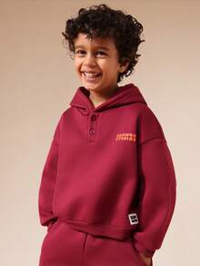 SUMWON Wygodny dwuczęściowy zestaw z kapturem i szerokimi spodniami dresowymi, kapturem i logo na klatce piersiowej, dla dzieci, do codziennego noszenia na co dzień, zimowa odzież sportowa - Burgund - Zobacz 3