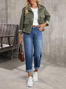 EMERY ROSE Quần jeans ống côn cạp cao có túi dành cho nữ, kiểu dáng thường ngày đa năng - Màu xanh lam - Xem 6