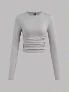 SHEIN EZwear 3 件套大码女式休闲纯色圆领褶皱长袖 T 恤，秋冬款 - 彩色 - 查看 5