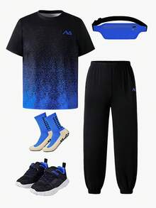 2件套青少年休闲渐变数码印花圆领T恤搭配时尚抽绳裤套装，适合日常通勤、春夏穿着。 - 黑色 - 查看 2