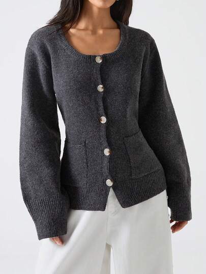 LYSMO 2025 New Arrive Minimalism Winter Women's Solid Grey Color Long Sleeve Single-Breasted Casual Knit Cardigan, Autumn/Winter For Women New Year Look And Christmas For Women Casual For Women, Sweaters For Women