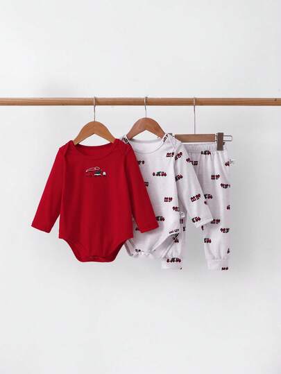 SHEIN 男婴长袖连体衣和运动裤套装，火车印花图案，圣诞节假日礼物套装