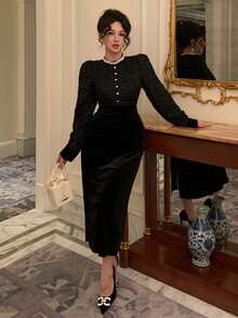 DAZY Elegant Sequin Petal Waist Cinching Black Dress For Women Prom Dress - Black - View 7