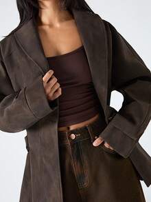 LYSMO 2025 وصول جديد نساء الشتاء بني اللون الصلب ملمس البولي يوريثان بسيط كاجوال كم طويل جاكيت شتوية للنساء عيد الميلاد للنساء رأس السنة الشتوية للنساء كاجوال للنساء أنيقة - قهوة بني - مشاهدة 7