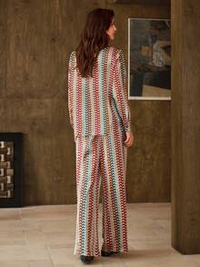 Hansera 2件套女士条纹长袖衬衫和裤子休闲套装 - 彩色 - 查看 2