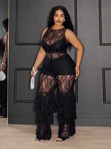 Slaydiva 优雅性感/浪漫黑色大码女式蕾丝网纱拼接荷叶边修身连体裤，适合节日、新年、情人节穿着。 - 黑色 - 查看 5