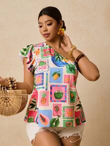 Travachic Camisa sin mangas con estampado de frutas y un solo hombro para tallas grandes - Multicolor - Ver 5