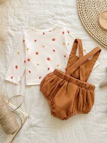 Vintaside Kids 2 pièces Ensemble Top imprimé feuilles polyvalent et body avec broderie écureuil pour nouveau-né, convient pour le printemps/automne, intérieur et extérieur, port quotidien