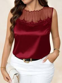 Chikora Blusa sin mangas elegante y de moda con parches de malla para tallas grandes - Rosa Roja - Ver 1