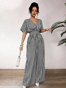 Elenzga Women's Spring/Summer French Striped Print Batwing Sleeve Cinched Waist Wide Leg Jumpsuit, Suitable For Casual, Holiday, Travel, Festivals, Western Style, Vintage, Boho, Music Festivals, Countryside - Black and White - View 1