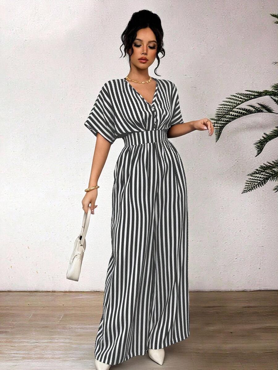 Elenzga Women's Spring/Summer French Striped Print Batwing Sleeve Cinched Waist Wide Leg Jumpsuit, Suitable For Casual, Holiday, Travel, Festivals, Western Style, Vintage, Boho, Music Festivals, Countryside - Black and White - View 1