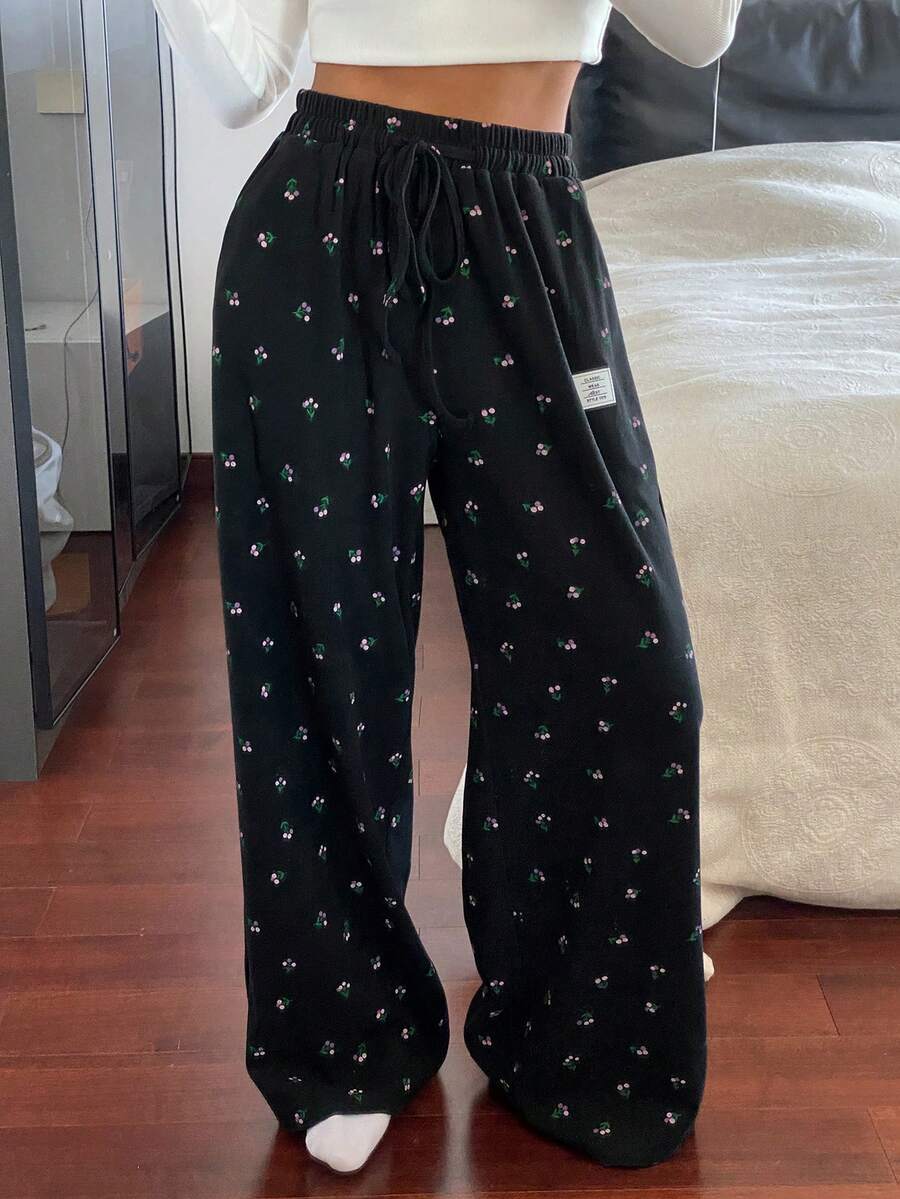 DAZY 女士直筒碎花抓绒睡裤，秋冬款 - 黑色 - 查看 1