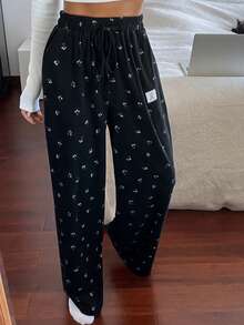 DAZY 女士直筒碎花抓绒睡裤，秋冬款 - 黑色 - 查看 6