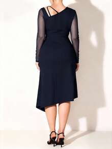 Modelyn Gaun Elegan Wanita Warna Polos Lengan Transparan dengan Ikat Pinggang, Musim Gugur/Dingin - Navy Blue - View 7