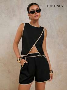 COSMINA 女士休闲无袖上衣，圆领包边，下摆开衩 - 黑色 - 查看 1