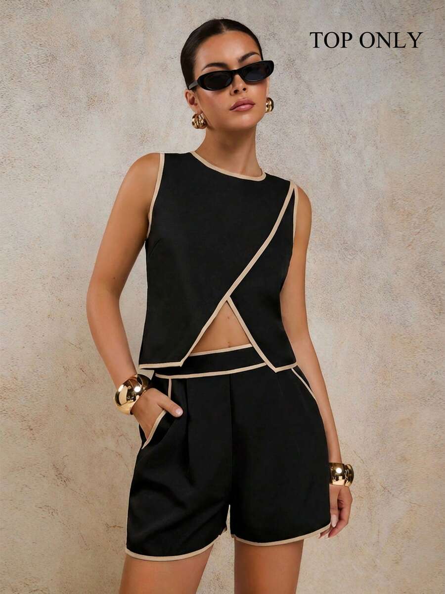 COSMINA 女士休闲无袖上衣，圆领包边，下摆开衩 - 黑色 - 查看 1