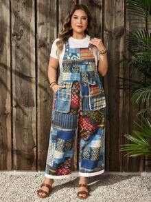 EMERY ROSE Quần yếm denim in họa tiết chắp vá cổ điển cỡ lớn - Màu xanh lam - Xem 3