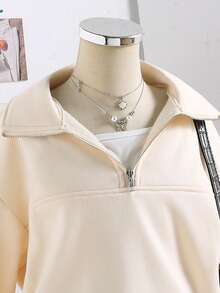 少女纯色落肩长袖拉链休闲宽松卫衣 - 杏色 - 查看 3