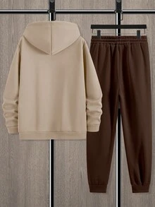 Manfinity Homme 男士巴黎标语印花休闲卫衣和运动裤两件套，秋冬男装 - 彩色 - 查看 3