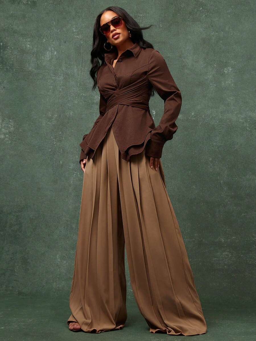 High Waist Pleated Detail Wide Leg Elegant Pants - Brown - View 1