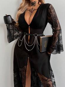 Whyspr Đầm in họa tiết ren chắp vá gợi cảm tay dài cổ chữ V thời trang - màu đen - Xem 2