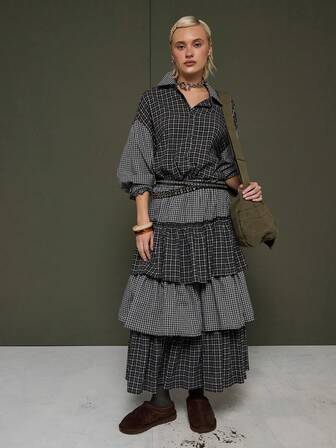 COUREZ Falda midi con volantes y capas a cuadros / Ropa de otoño e invierno Y2K para mujeres, falda negra para mujeres para salir, atuendos de fiesta, Año Nuevo