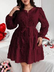 Vionelle 加大码立领开襟提花拼接长袖连衣裙，饰有情人节元素，如玫瑰、爱心、波点、爱心、嘴唇、丘比特和94D花朵图案 - 酒紅色 - 查看 5