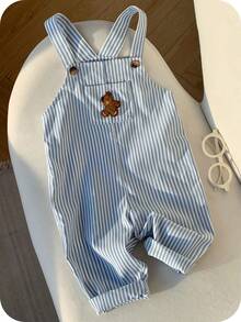 SHEIN Baby Boy Casual Cute Versatile Striped Cartoon Bear Pattern Bib Jumpsuit Baby Boy Overall Set