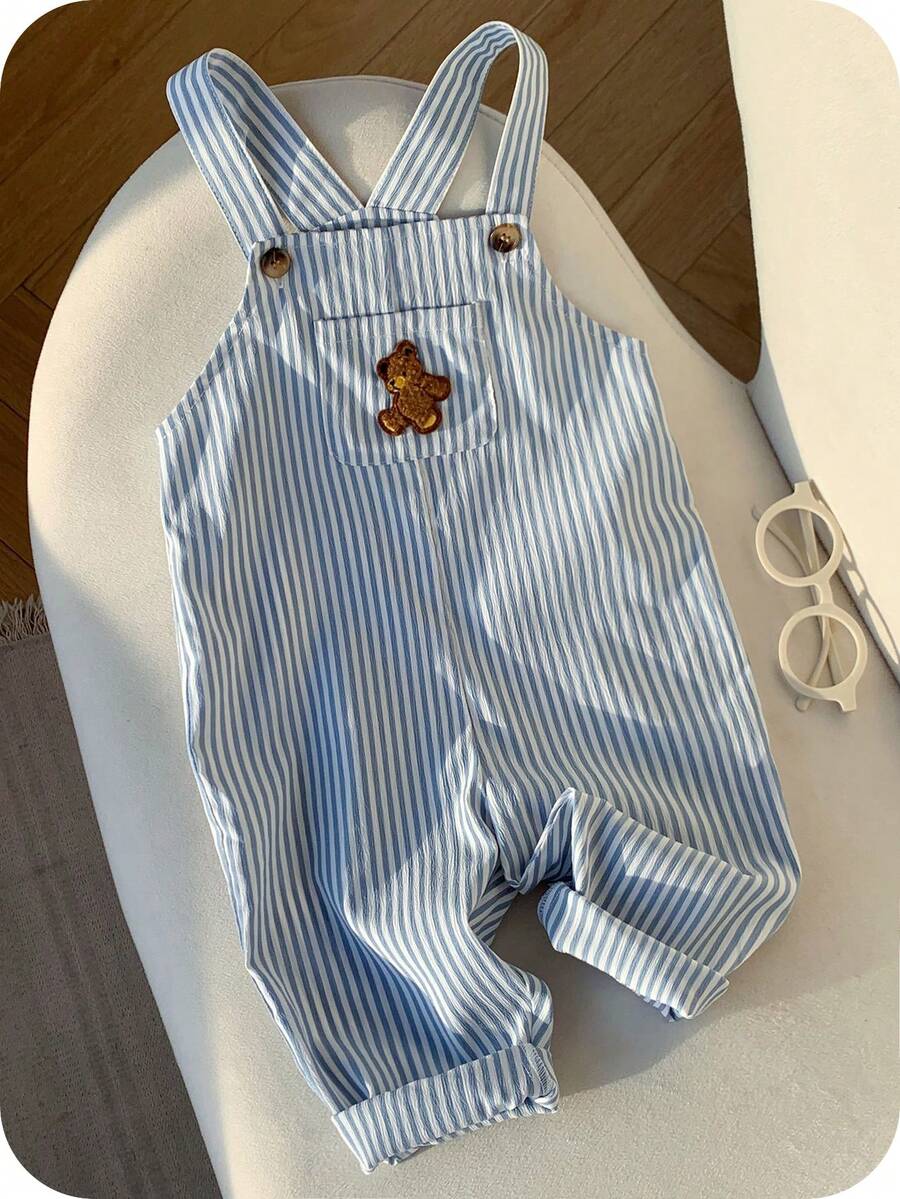 SHEIN Baby Boy Casual Cute Versatile Striped Cartoon Bear Pattern Bib Jumpsuit Baby Boy Overall Set
