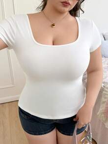 CovetEZ Plus Solid Scoop Neck Tee - White - View 3