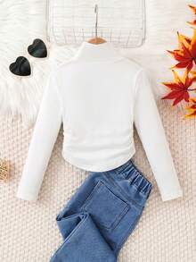 SHEIN Áo thun dệt kim cổ bẻ màu trơn cho bé gái, thích hợp mặc thường ngày, mặc đi học vào mùa thu đông, phù hợp cho mẹ và bé. Dùng cho dịp Giáng sinh. - trắng - Xem 2