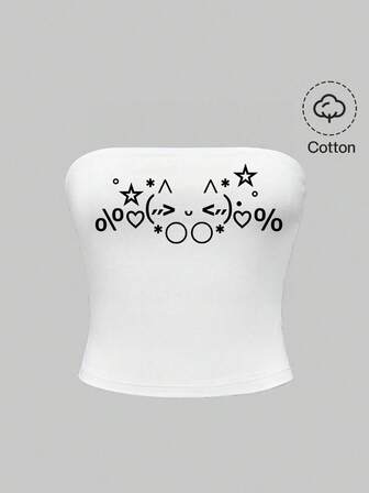 Kawaii Cute Emoticon, Vintage Korean Style Star, Heart, Cat Graphic Sexy White Camisole Top For Women