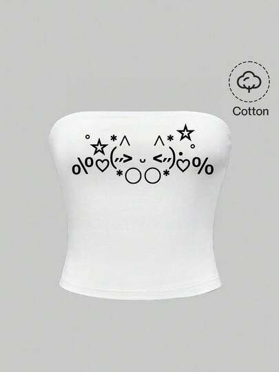 Kawaii Cute Emoticon, Vintage Korean Style Star, Heart, Cat Graphic Sexy White Camisole Top For Women