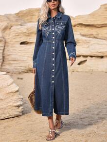 EMERY ROSE Women's Floral Embroidered Long Sleeve Single-Breasted Casual Denim Dress Winter New Year - Dark Wash - View 3