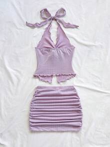 Soleia Bộ đồ 2 mảnh New Knit Texture Resort Metallic Decor Áo hai dây ngắn & Chân váy mini cạp thấp Bộ đồ 2 mảnh màu hoa oải hương Bộ đồ 2 mảnh màu tím Bộ đồ 2 mảnh màu hoa oải hương Bộ đồ mùa hè cho nữ Bộ đồ 2 mảnh có gân - Màu tím hoa cà - Xem 2