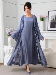 SHEIN Najma 优雅缎面拼接提花面料女式长袍 - 藍色 - 查看 4