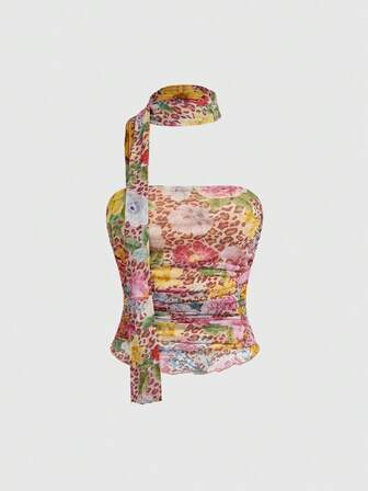 J-Fashion Canotta sexy da donna con stampa di ibisco e leopardo, stile vacanziero