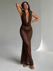 Aloruh 女士度假连衣裙，女士沙滩装，优雅性感修身荷叶边下摆薄纱披肩领罩衫 - 棕色 - 查看 3